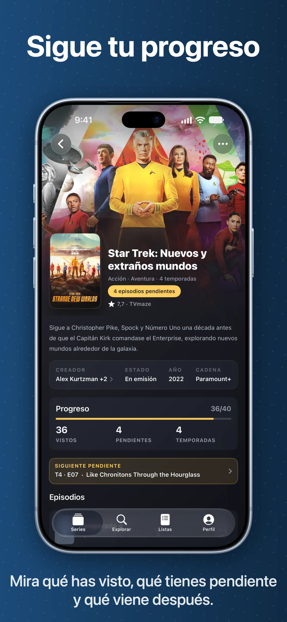 Pantalla de detalle de una serie: temporadas y episodios con el progreso visto