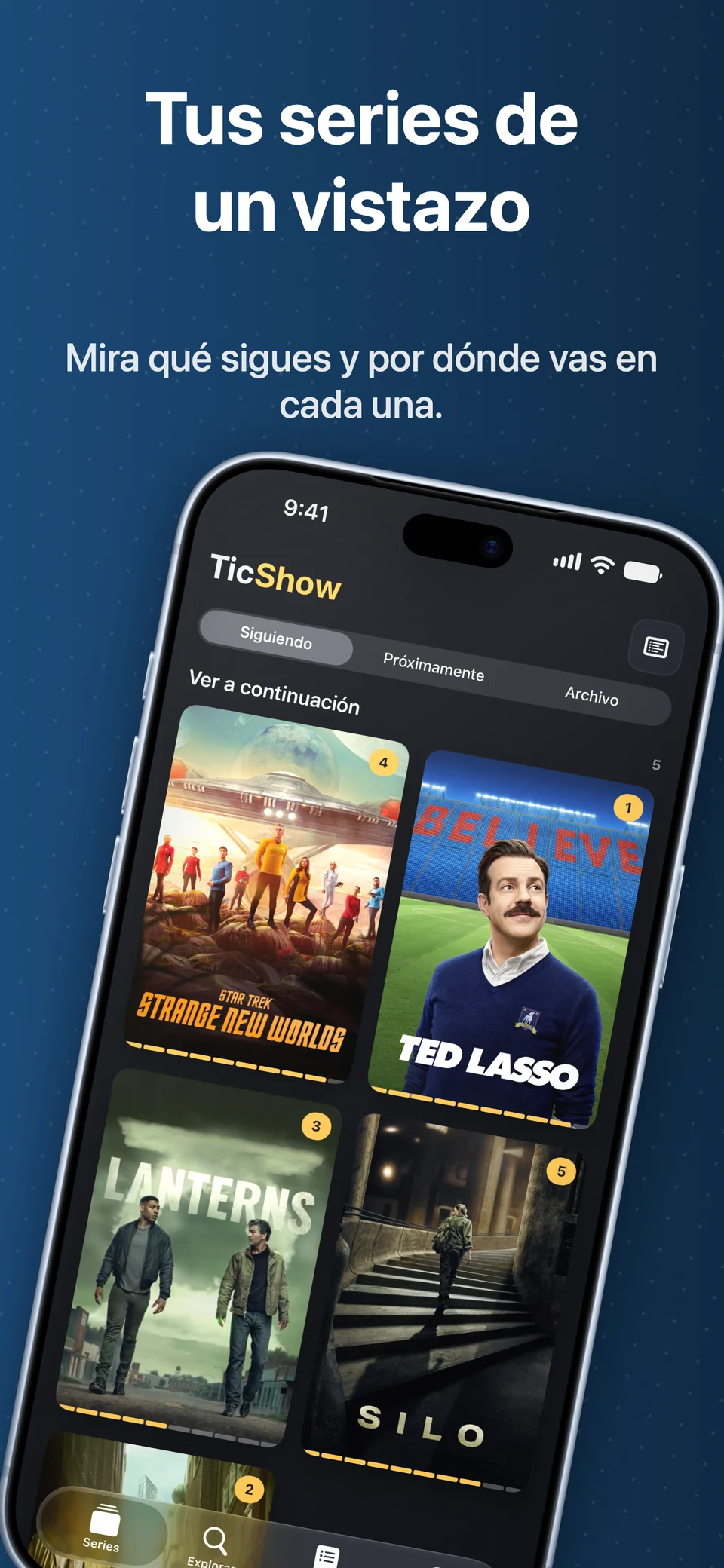 Pantalla Siguiendo en formato póster con el progreso de cada serie