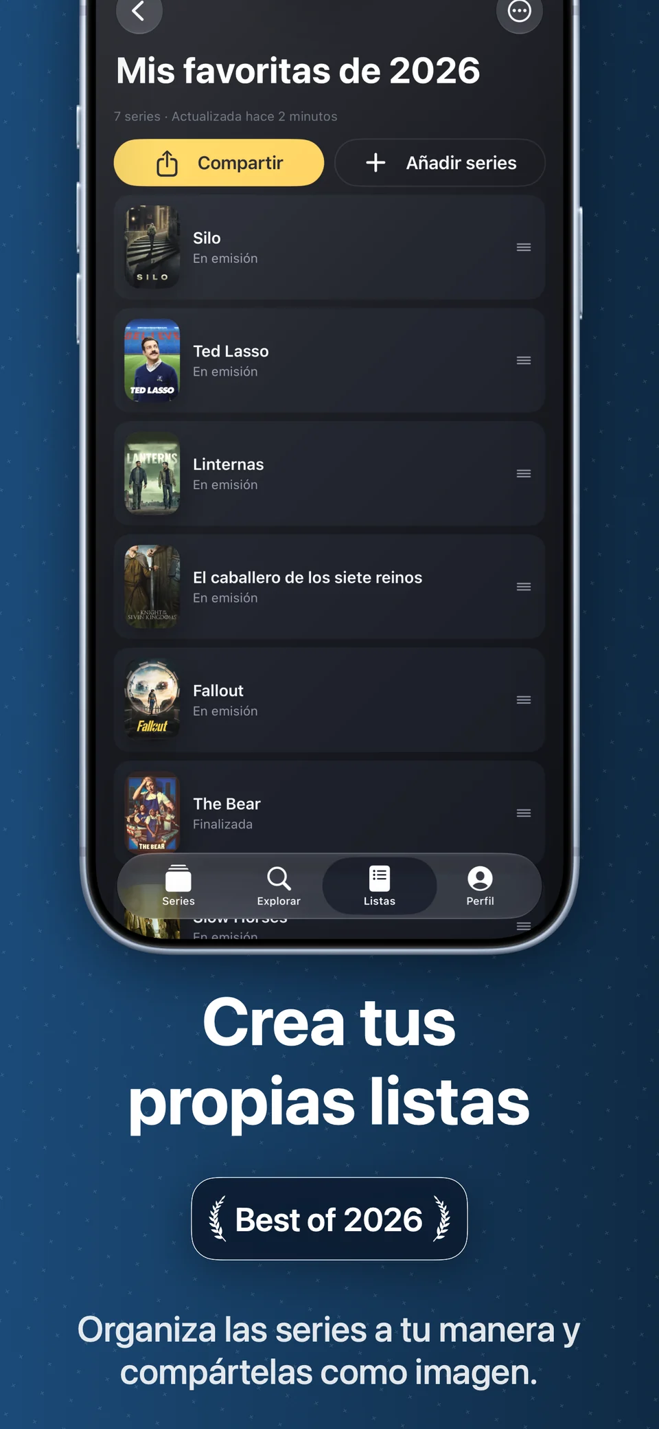 Detalle de una lista personalizada con las opciones Compartir y Añadir series