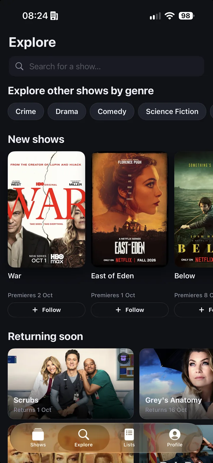 Explore screen: new and returning shows and genres