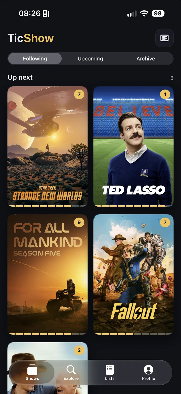 Following screen in poster layout with progress for each show