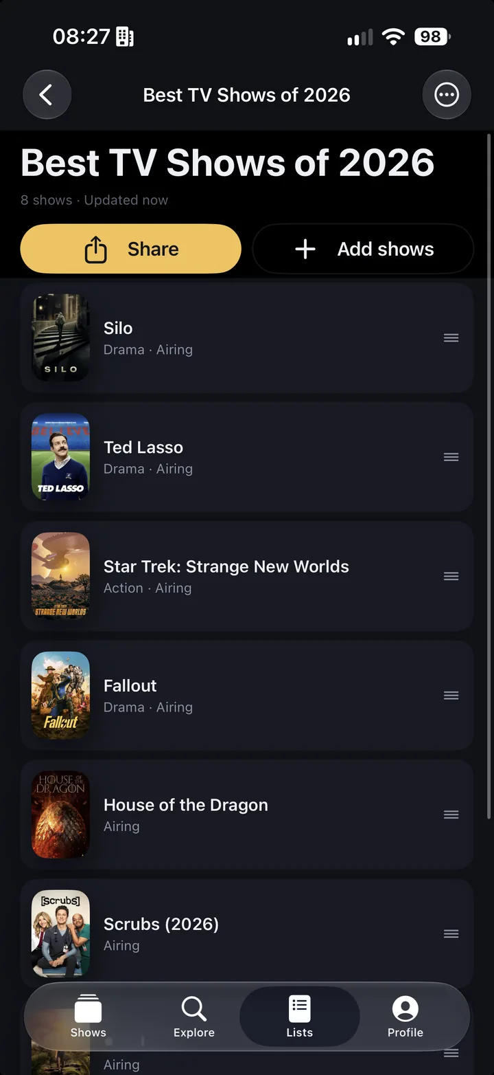 List detail screen: a custom list of shows with Share and Add shows